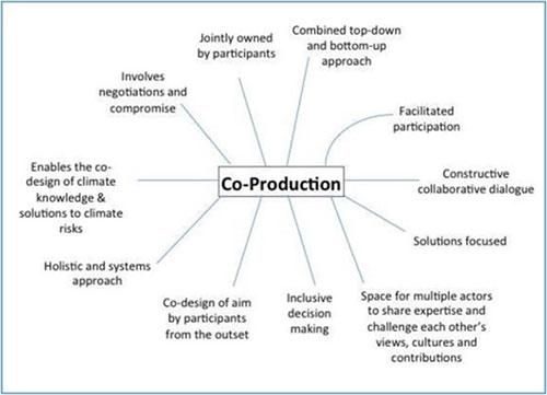 a spider graph detailing co-production. The elements are: jointly owned by participants; combined top-down and bottom-up approach; facilitated participation; constructive collaborative dialogue; Solutions focused; space for multiple actors to share expertise and challenge each other; inclusive decision making; co-design from the outset’ holistic and systems approach; co-design of climate knowledge.