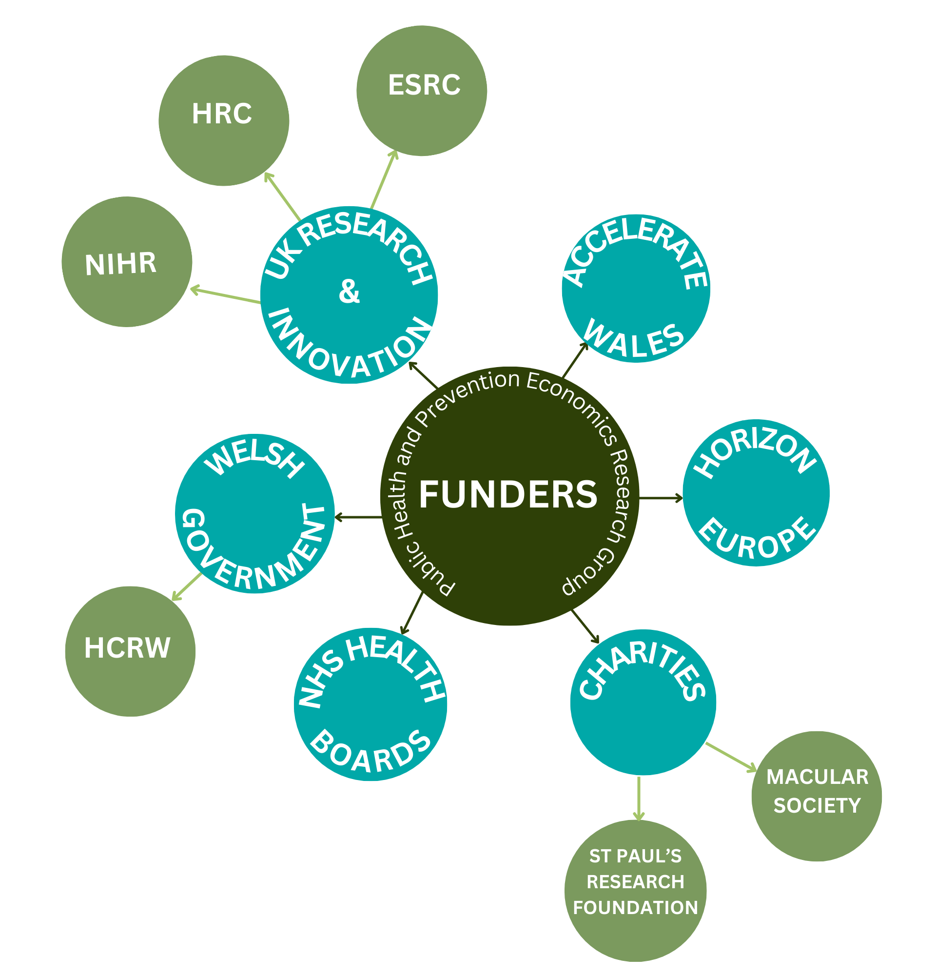 This is a spider graph showing our funding sources, including UKRI, Welsh Government, NHS health boards, Horizon Europe and Charities.